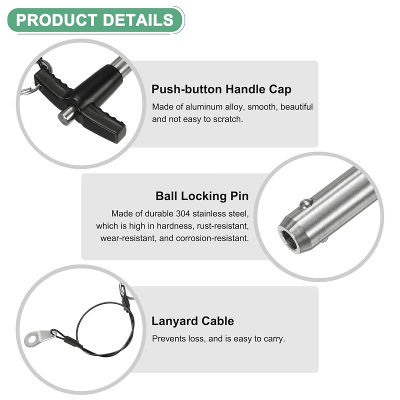 M METERXITY 2-Pack T Handle Lock Pins, 5/16"(8mm) Dia. 3-5/32"(80mm) Usage Length Push-Button Quick Release Locking Pins W Lanyard Cable for Speaker/Aviation/Gym/Machine [304 Stainless Steel] - Image 2